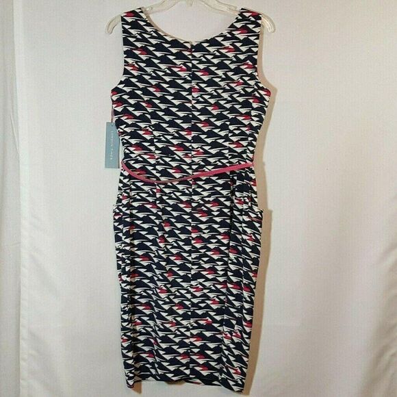 NEW London Times Sheath Dress Sz 10 Blue Navy Pink White Belt Pockets - Picture 4 of 5